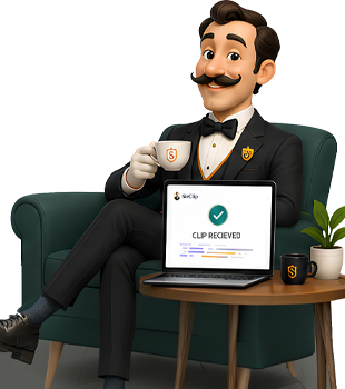 SirClip butler sitting with a laptop showing clip retrieved